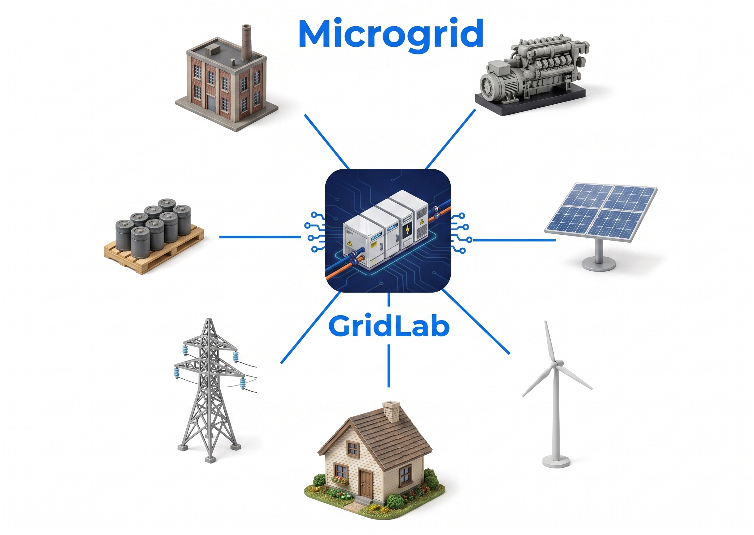 GridLab Microgrid - BESS, solar, wind, grid, generator, factory, house