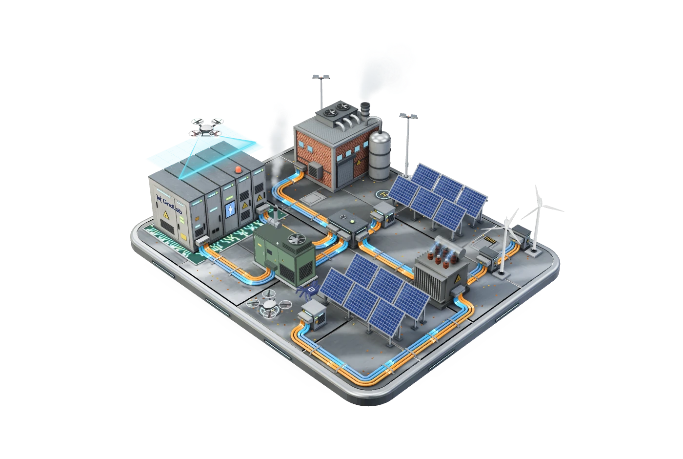 3D-схема мікромережі GridLab: BESS, сонячні панелі, вітряки, генератор, трансформатор і підприємство