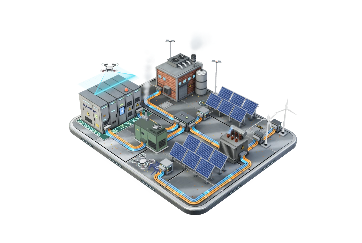 3D-схема мікромережі GridLab: BESS, сонячні панелі, вітряки, генератор, трансформатор і підприємство